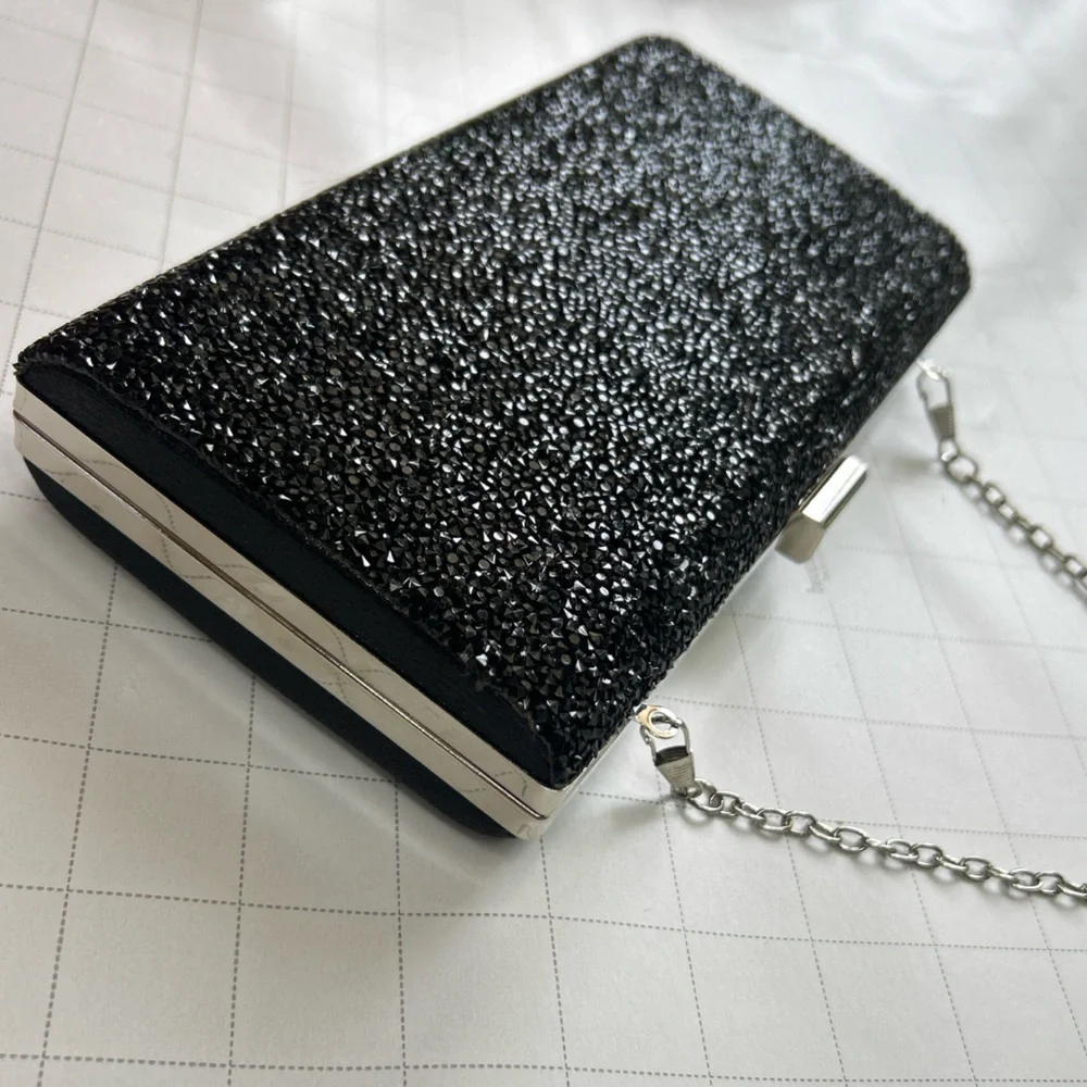 Formal Clutch Handbag Black Crushed Glass Stone Chain Strap cocktail
